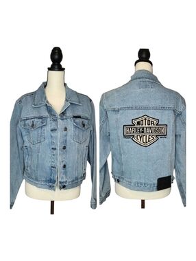Harley-Davidson Jacket Light Wash Denim  Embroidered Logo Classic Style Size M